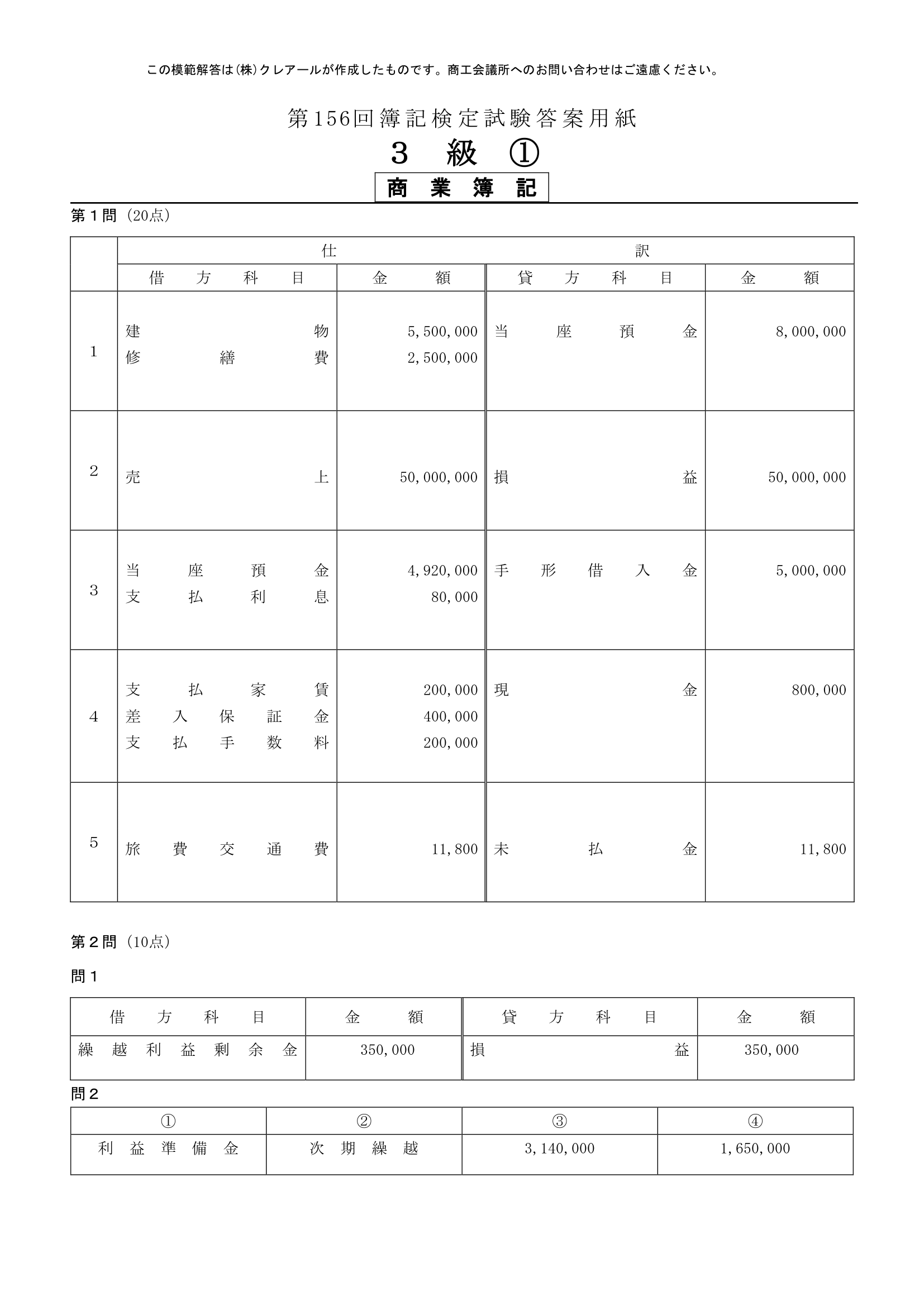 第156回簿記検定の解答速報 年11月15日 日 実施